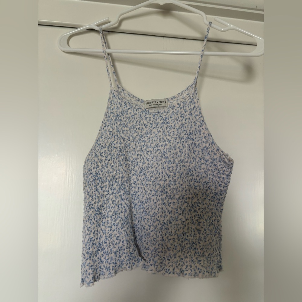 🩷Women’s small paper, crane blue and white floral tank top with spaghetti strap